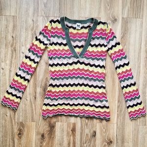 M Missoni Zig-Zag Chevron Knit Split-Neck Top